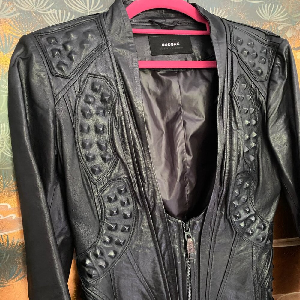 RARE Rudsak French Designer " Studded " Butter Soft Black Leather Jacket XS w/ - Picture 3 of 9